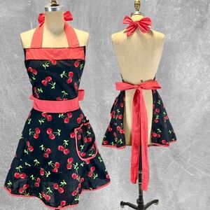 Cherry red cotton full apron bow tie back‎ ruffle kitchen cooking baking studio